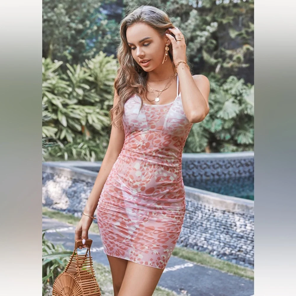 Pink Leopard Mesh Tulle Ruched Sides Tank Sheer Cover-Up Mini Dress
